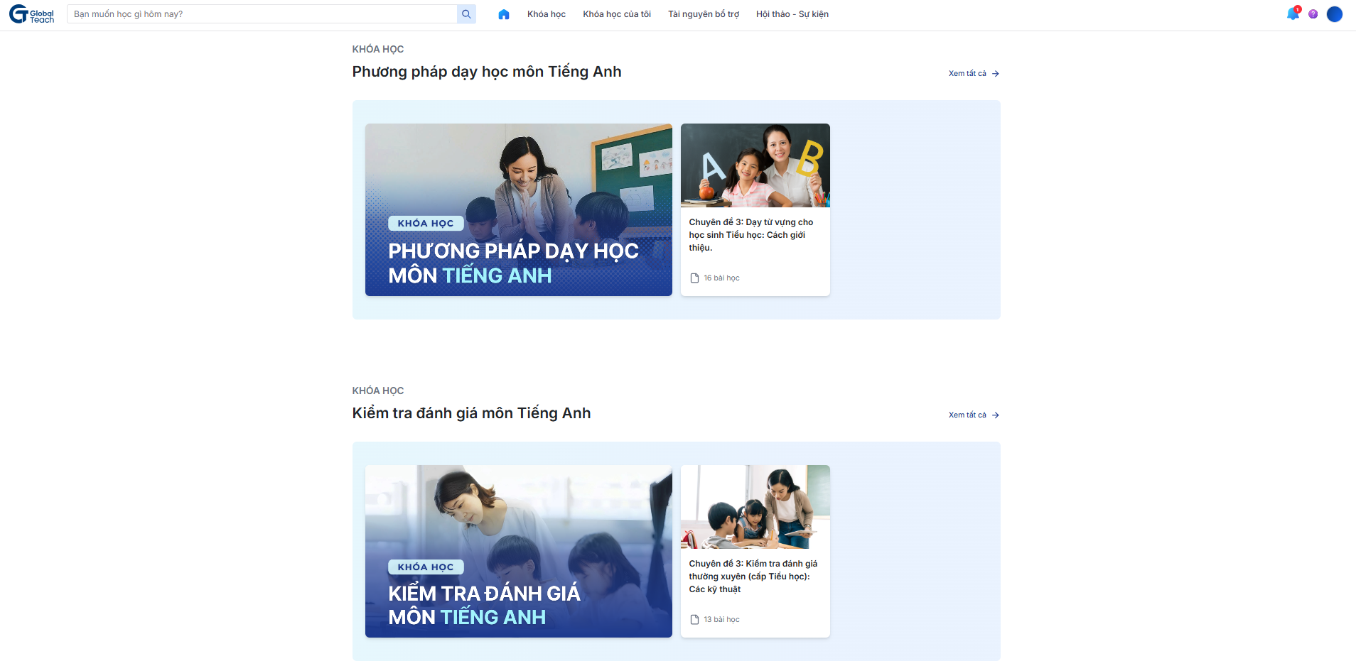 Danh sách khoá học ở trang chủ