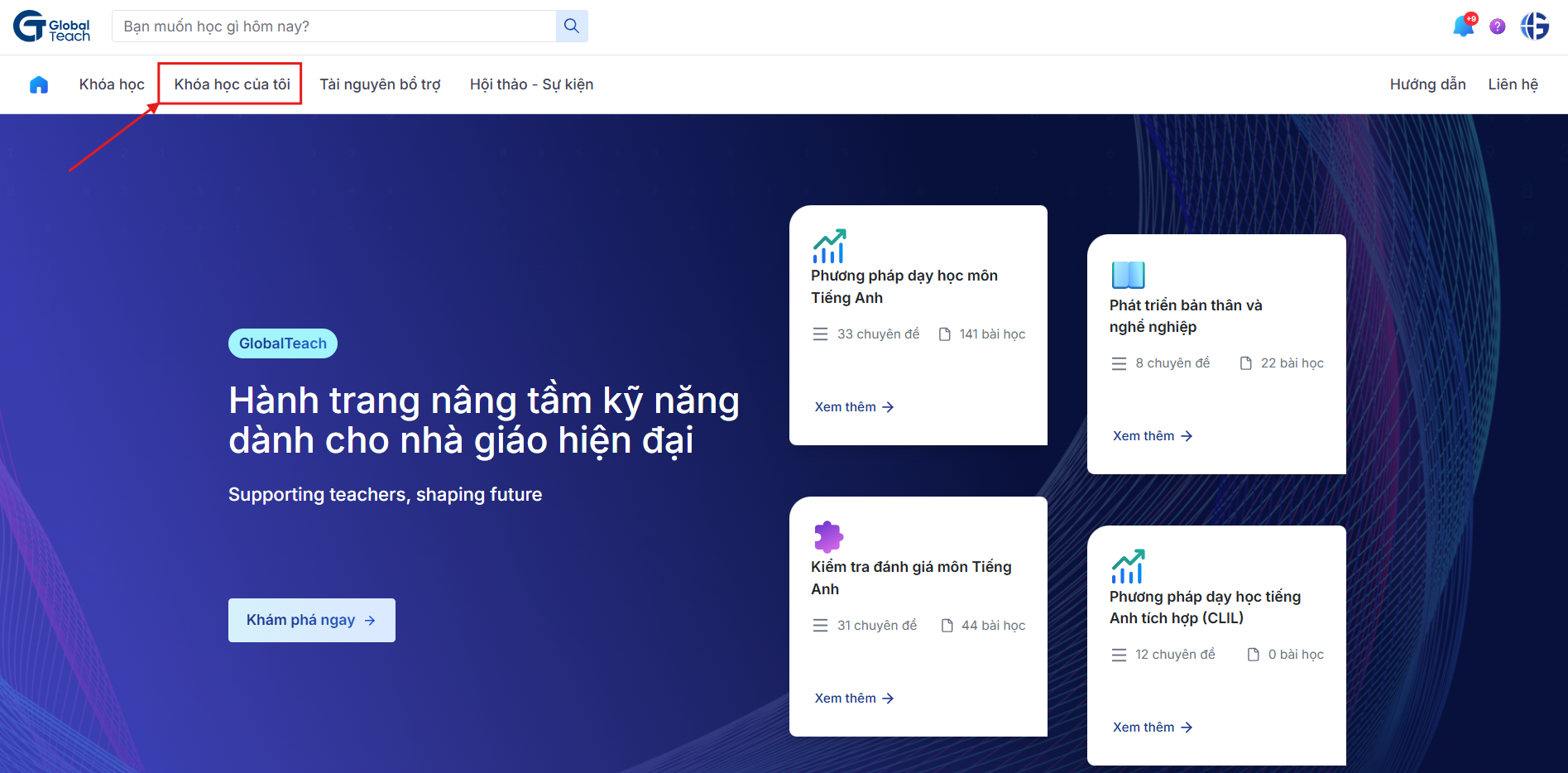 Vị trí Khóa học của tôi trên trang chủ